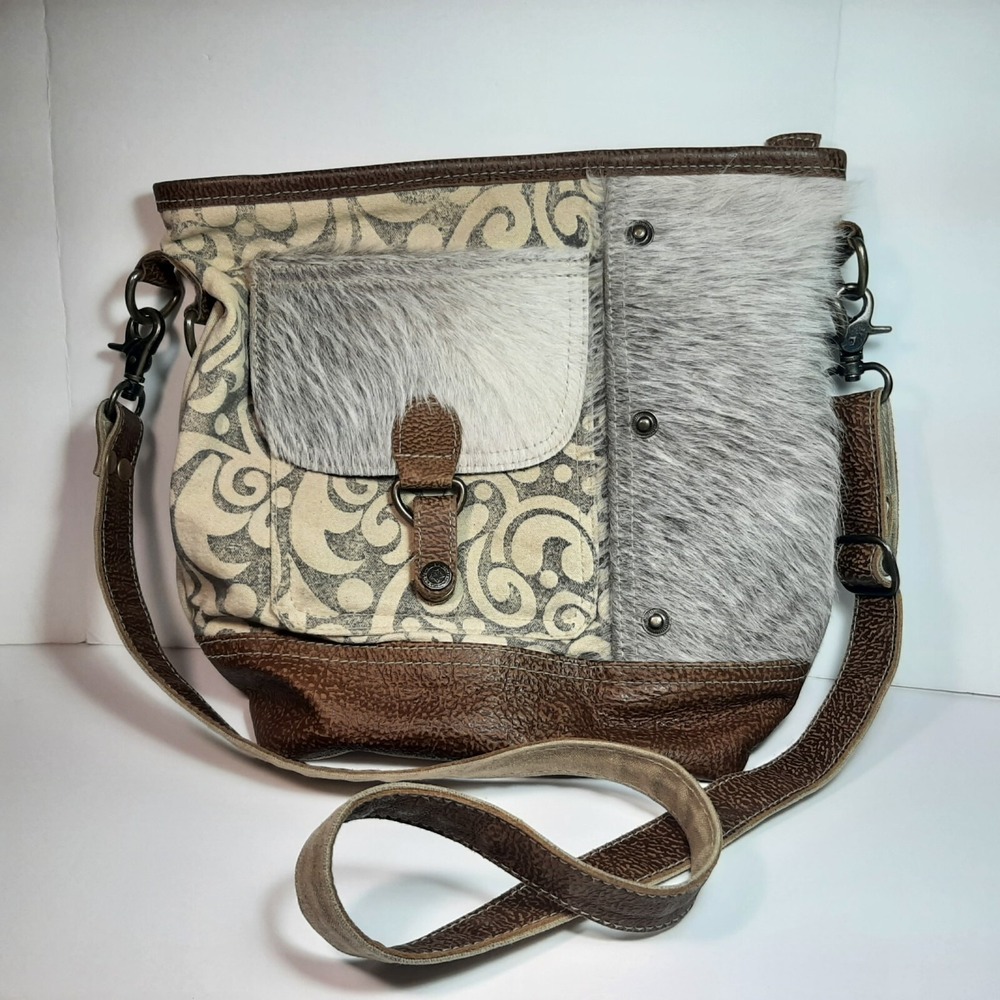 Myra Bag Cross Body Purse Canvas Leather & Cow Hide with Brass Accents
